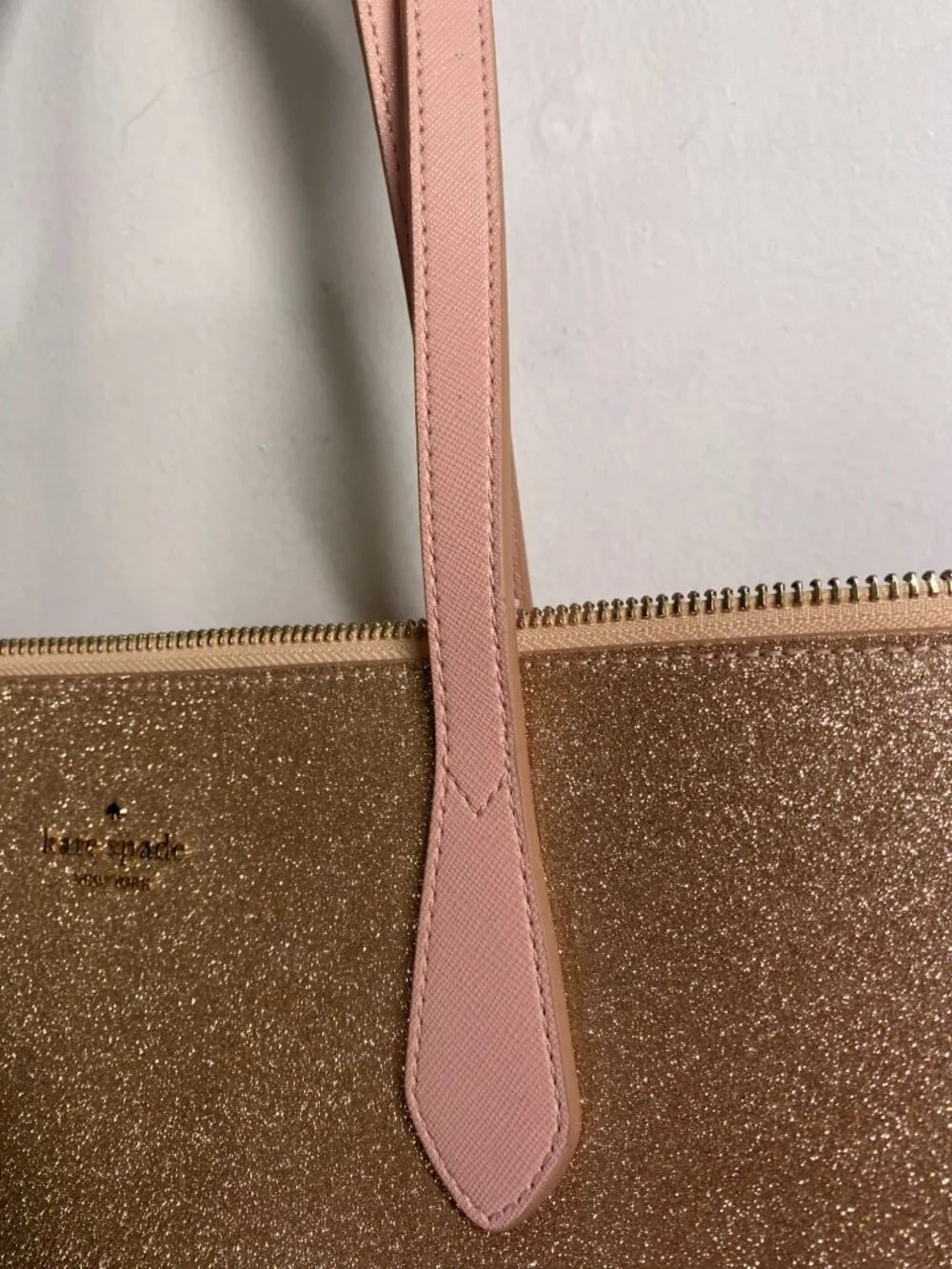 Kate Spade New York Rose Pink Glitter Tote With Pink Handles Rose Gold